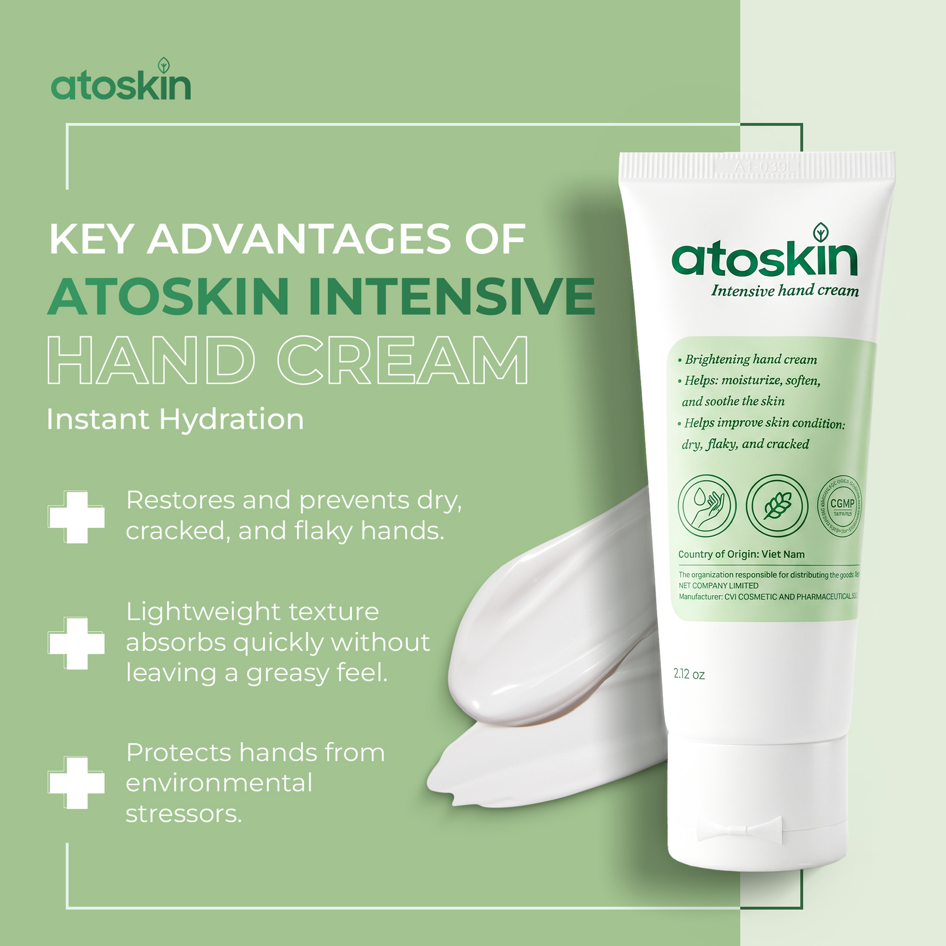 Atoskin Intensive Hand Cream – Deep Moisturizing & Brightening (2.12oz)