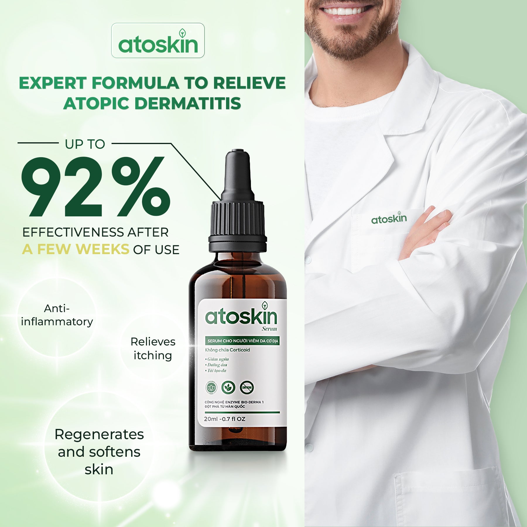 Atoskin Serum for Eczema, Psoriasis, Itchy Skin and Dermatitis Irritation, with Biosaccharide Gum-1 and RicoBio JA7 - for Atopic Dermatitis Patents (1.7 fl oz)