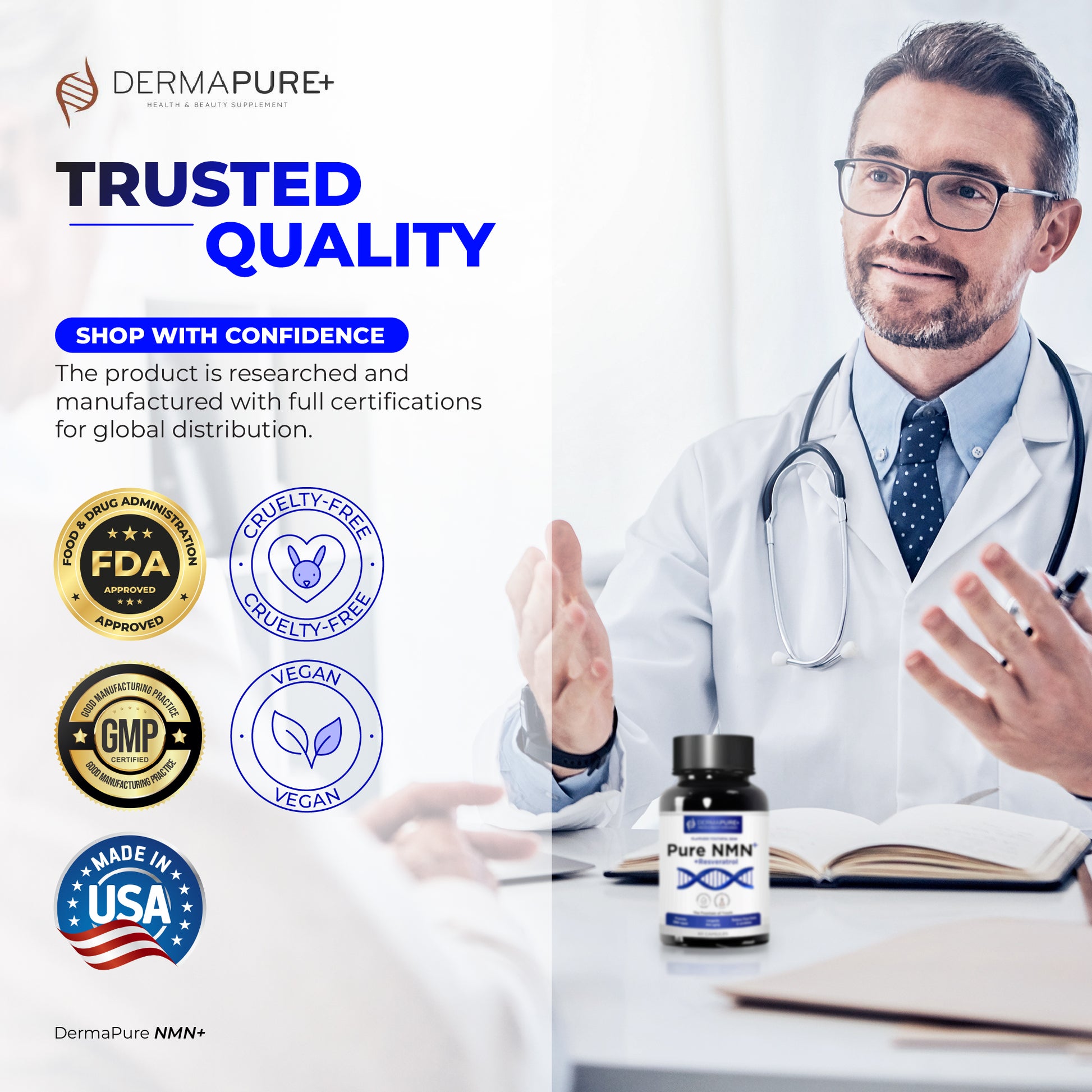 DermaPure+ NMN Plus Supplement 4-in-1 – Antioxidant & Healthy Skin Aging Support, 60 Capsules (1 Pack)